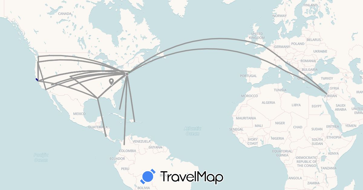 TravelMap itinerary: driving, bus, plane in Bahamas, Colombia, Costa Rica, Dominican Republic, United Kingdom, Israel, Italy, United States (Asia, Europe, North America, South America)